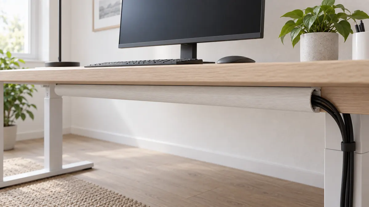 Aufgeräumter Home-Office-Schreibtisch aus heller Eiche, der weiße Kabelkanal verschwindet unter der Hinterkante