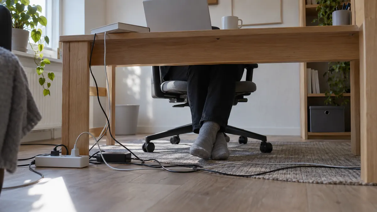 Blick unter einen Schreibtisch: Kabel und Netzteile liegen ungeordnet auf dem Boden