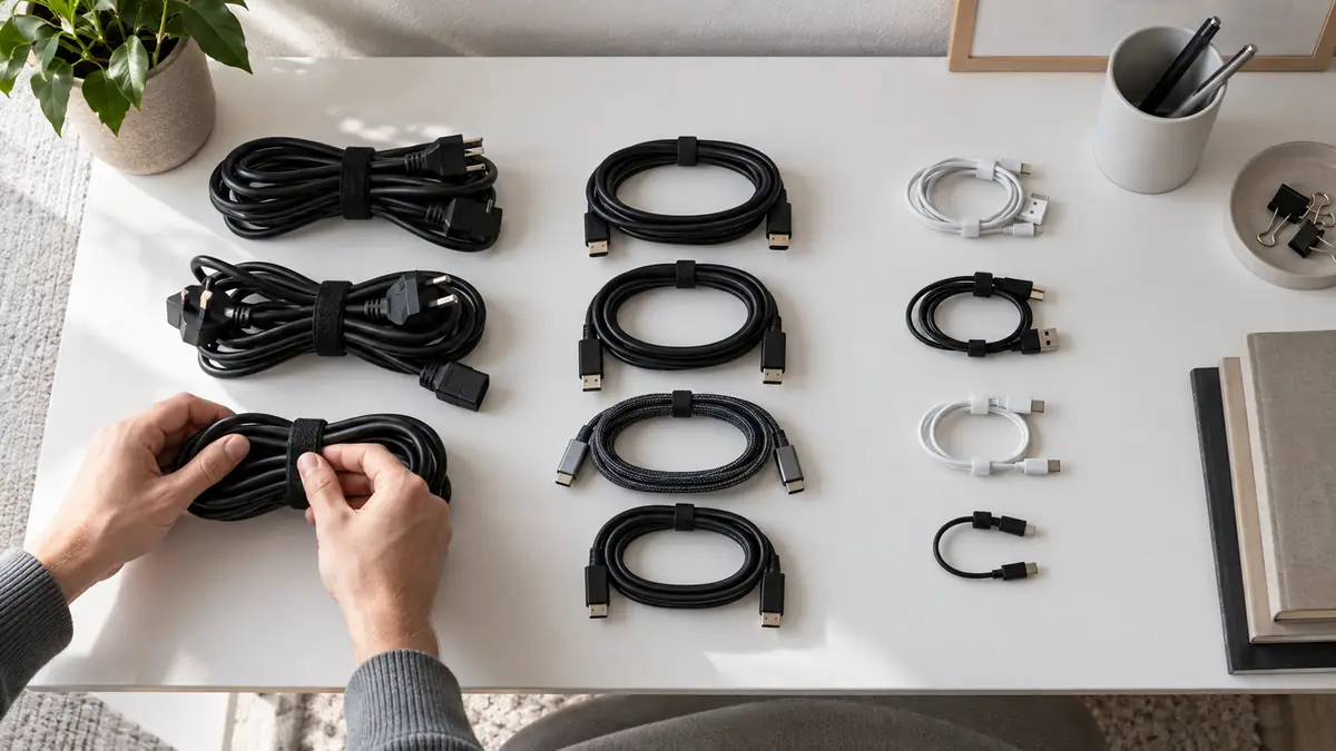 Kabel in drei Gruppen sortiert: Stromkabel, Displaykabel und Ladekabel