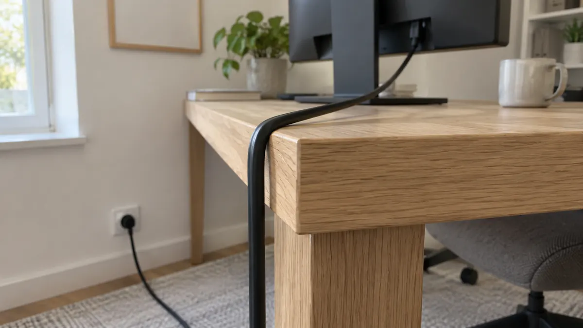 Ein Kabel wird scharf über die hintere Tischkante gezogen und liegt unter Spannung
