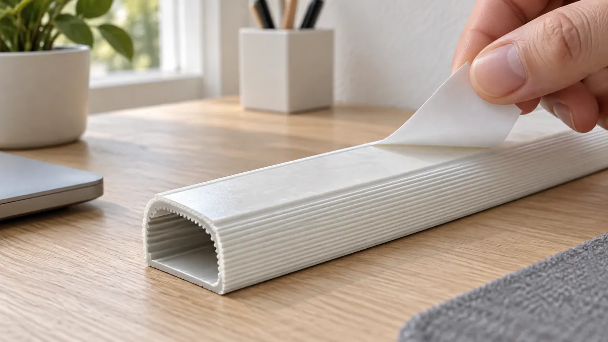 Nahaufnahme der Kanalunterseite: die Schutzfolie wird abgezogen und gibt den breiten Acrylklebestreifen frei