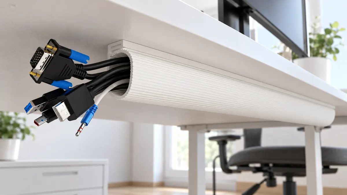 Weißer Kabelkanal unter der Tischplatte nimmt die Monitorkabel auf