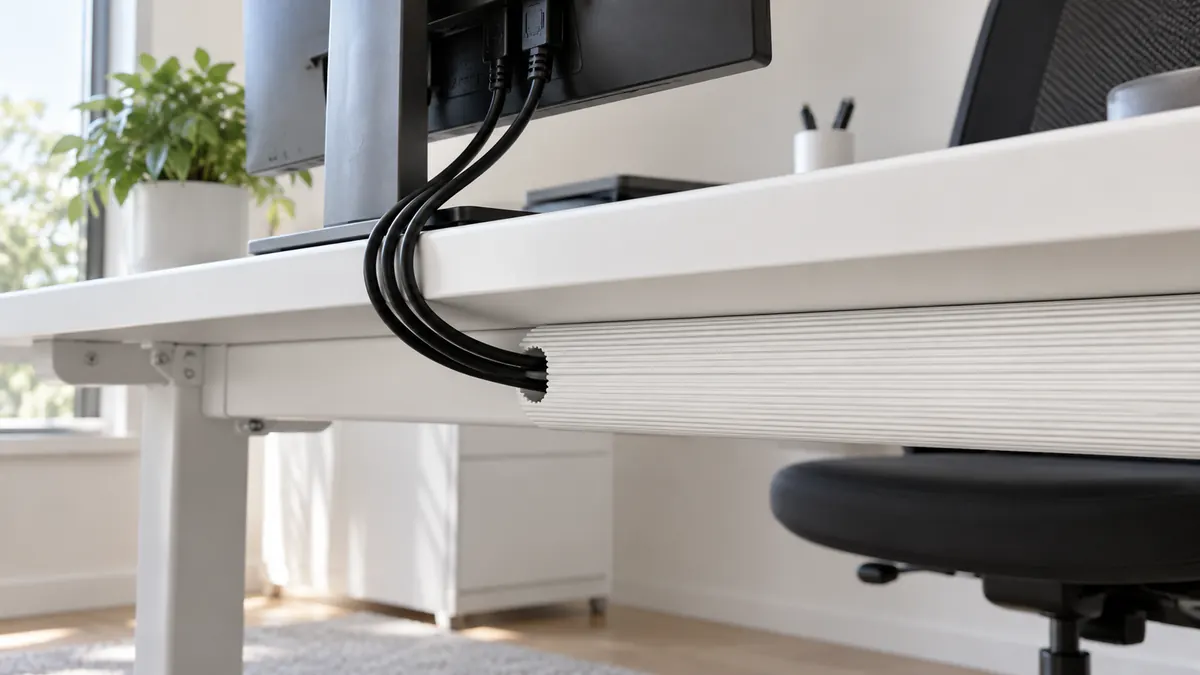 Monitorkabel laufen über die unversehrte Hinterkante in den Kanal darunter