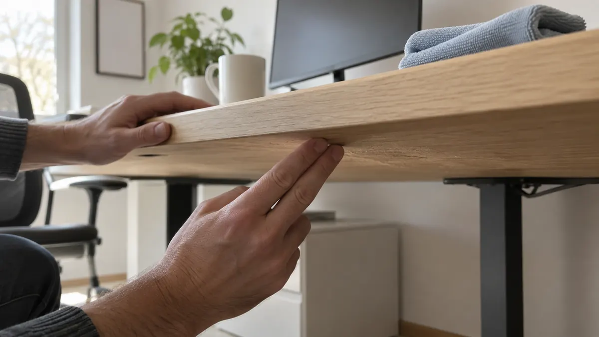 Fingerkuppen prüfen die Unterseite der Tischplatte auf Staub und Struktur